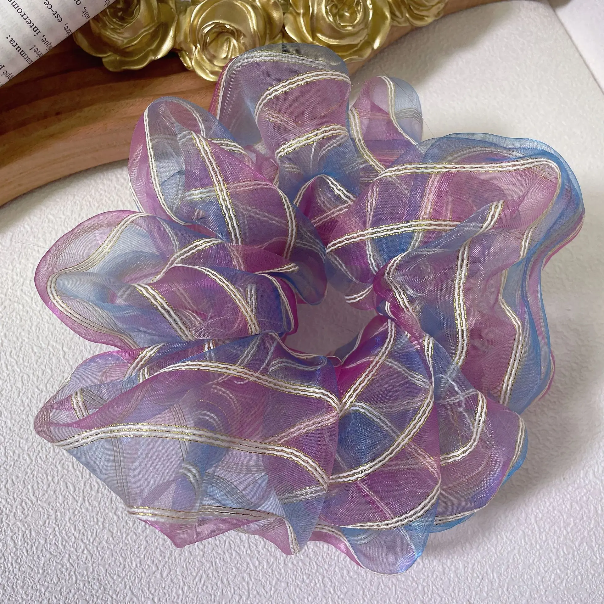 Nowe damskie Oversize kolorowe paski Organza Scrunchies lato jasna gumka do włosów moda opaska do włosów kucyk krawat elastyczna opaska na głowę — zdjęcie 6