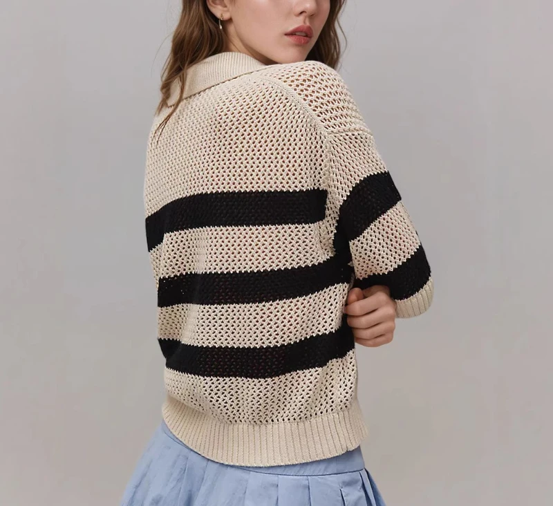 Лето 2025 г., вязаный свитер, повседневный полосатый женский вязаный свитер с v-образным вырезом и короткими рукавами из ледяного шелка, топ