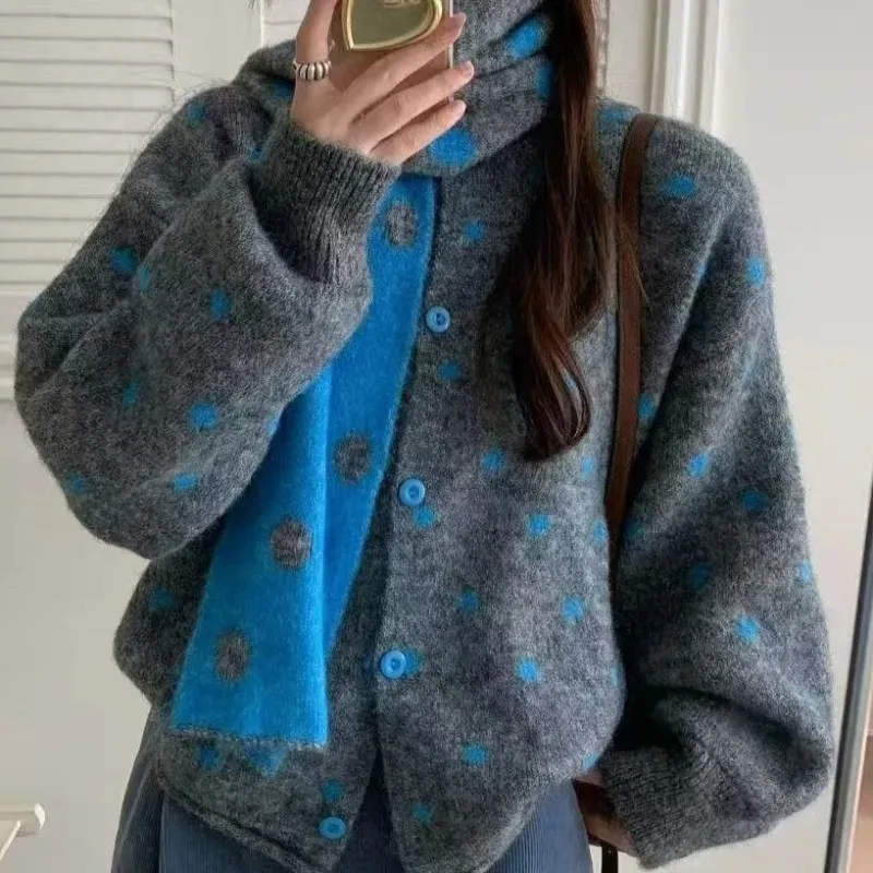 

Vintage Polka Dot Cardigans Japanese Style Autumn Winter Woman Sweaters Fashion Warm Sweet Sueteres Mujer