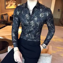 Camisa de oro metálico para hombre, Camisa blanca con estampado dorado, ajustada, para fiesta, boda, Club, Otoño, 2017