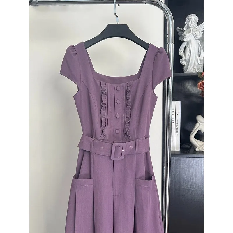 سروال أرجواني قطعة واحدة للنساء لصيف 2025 سروال تنحيف الخصر عالي الجودة مربع Ne Faionable