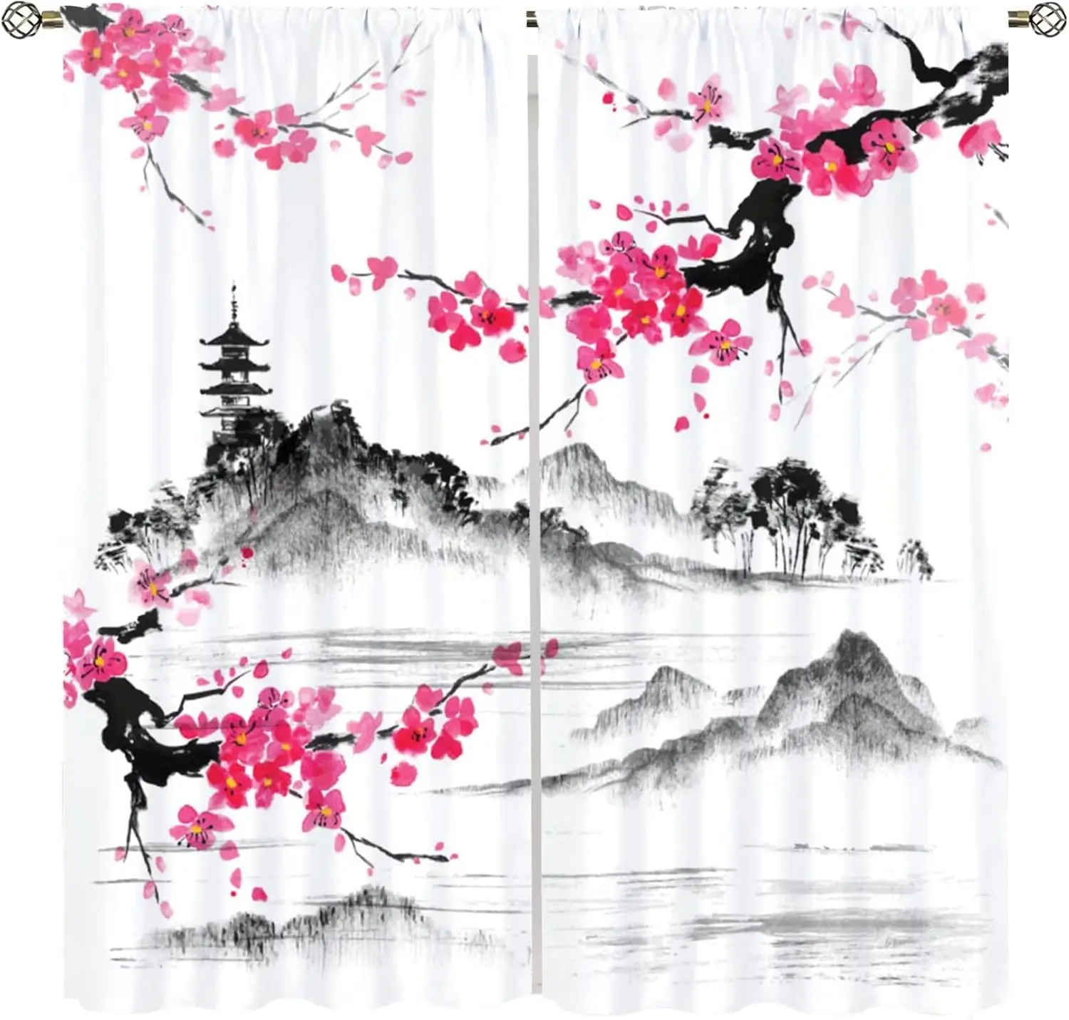 Japanese Ink Curtains Mount Fuji with Cherry Blossoms Traditional Nature Landscape Pattern Decor Rod Pocket Drapes for Boy Girls