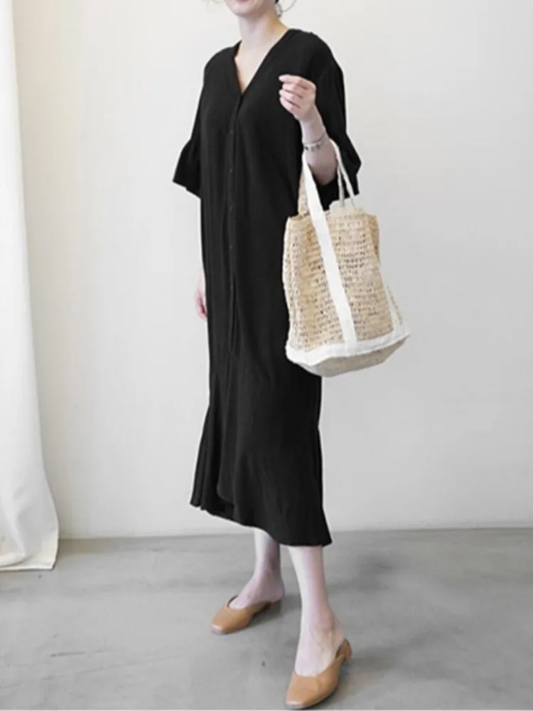 

Korean Sle V-Ne T-irt Dr Women's Summer Mid-Sve Design Sensation Uneven Slimming Extra Long Over-Knee Long Dr