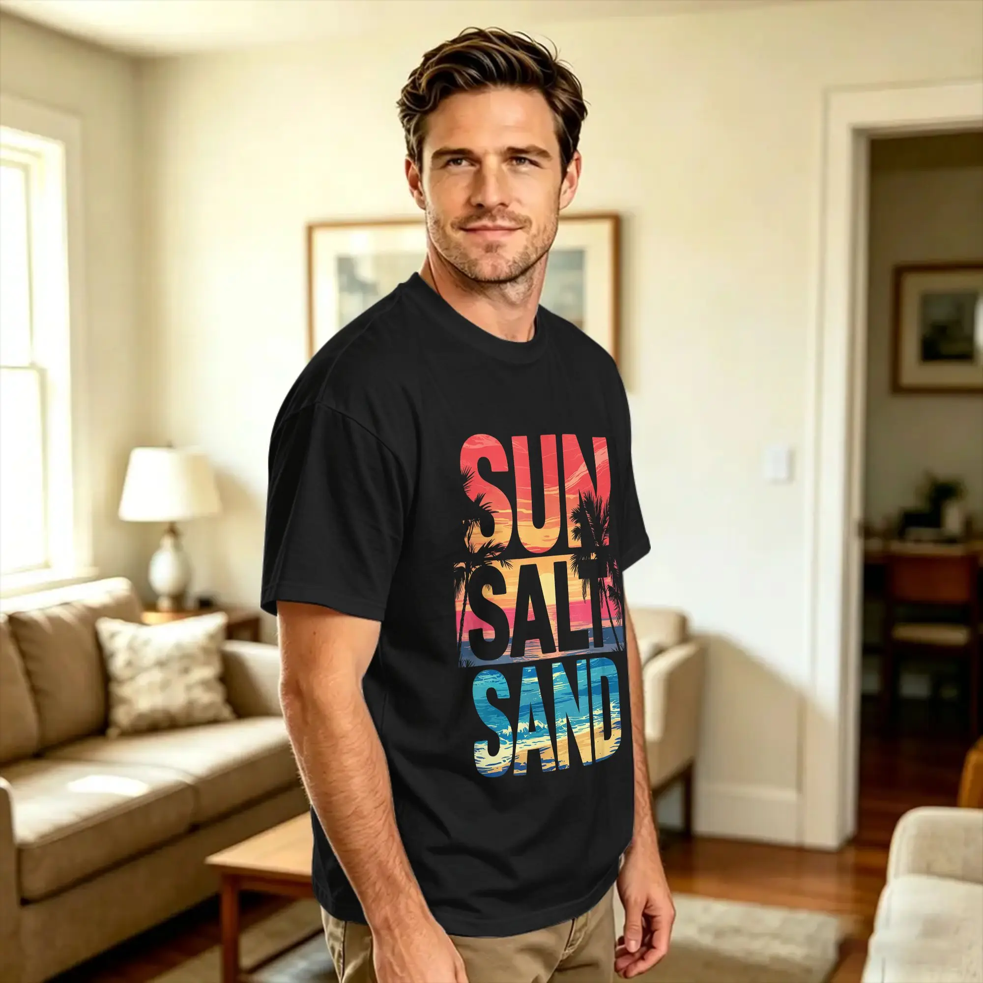 Sun Salt Sand beach vibes ocean palm trees beach lover  T-Shirt Summer  Y2K Fun T-Shirts 100% Cotton Fashion Tee Shirt For Men