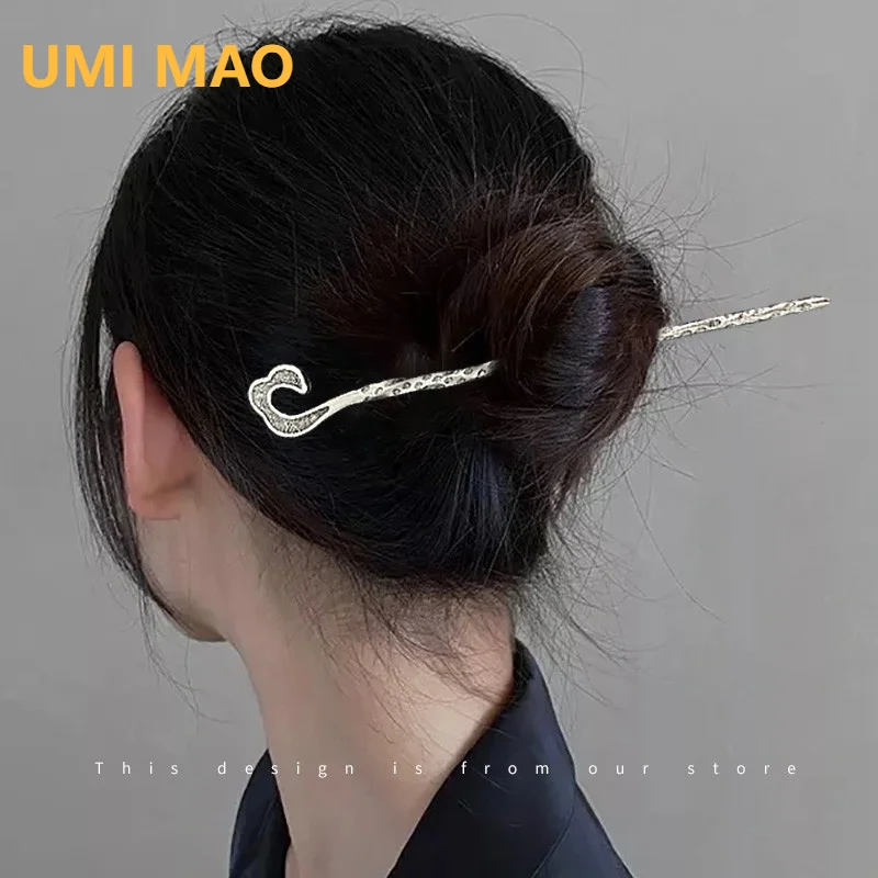 UMI MAO New Chinese Style Retro Scepter Hairpin Elegant Temperament Silver Hanfu Hairpins Advanced Headwear Defense Femme Y2K