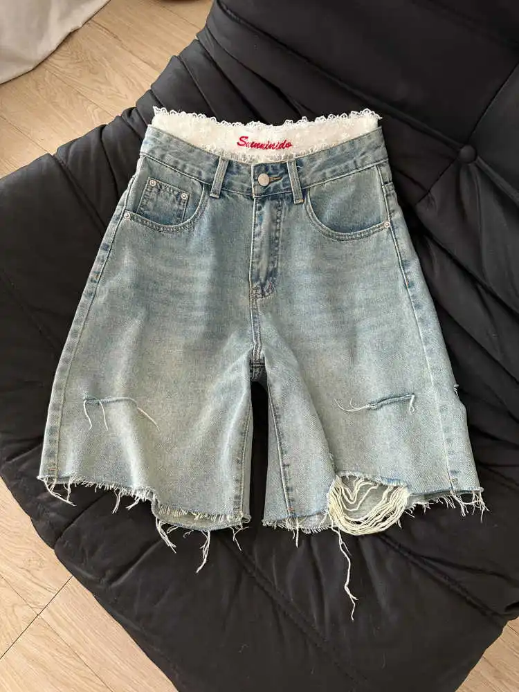 

Summer Women Denim Shorts High Waisted Zipper Ripped Knee-length Jeans American Casual Fashion Retro Female shorts