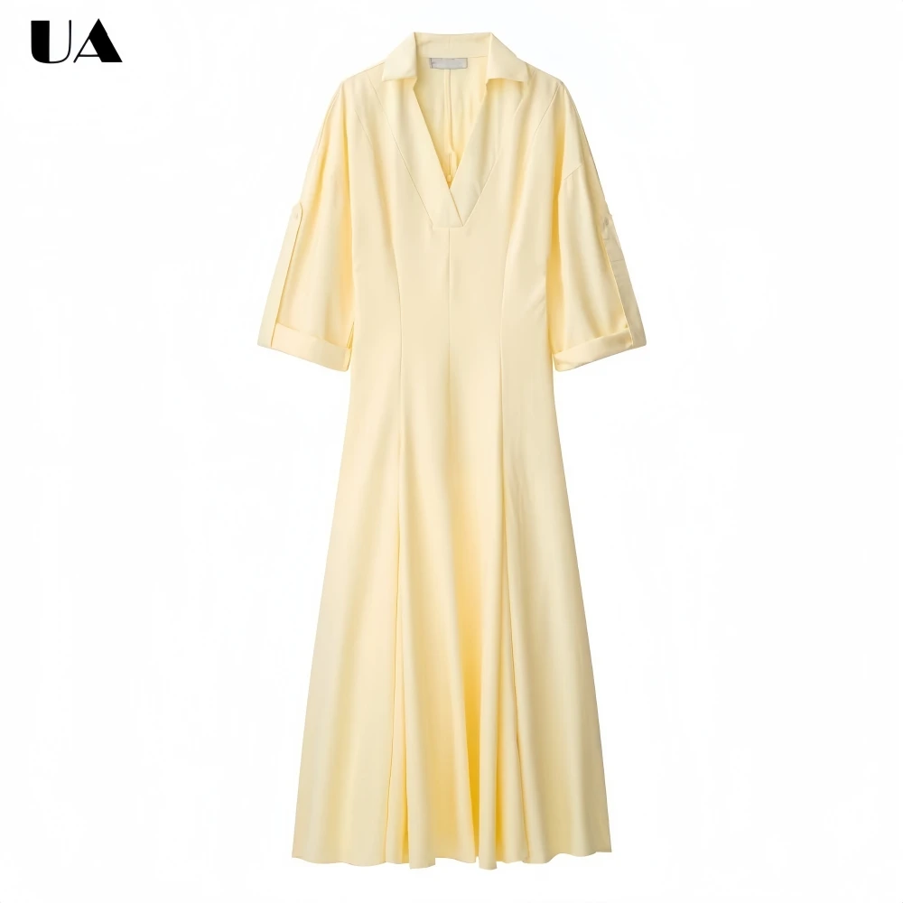 

Fashionable A-line Turn-down Neck Midi Dress, Elegant Short Sleeve Long Dresses for Women, Commuter Style Solid Button Dress