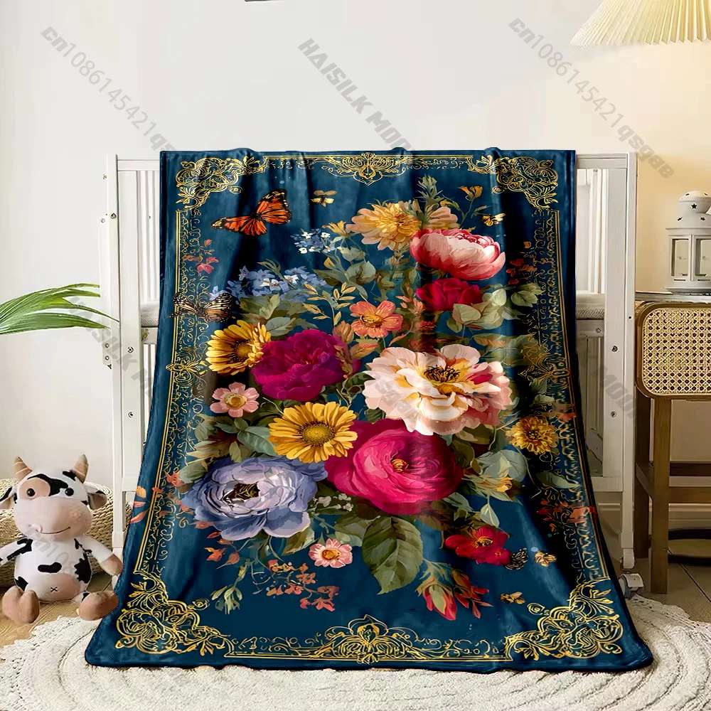 Multi-Size Luxury Gilded Florals Printed Throw Blanket, Bedding, Throw Blanket for Couches & Beds Great Gifts for Boys and Girls