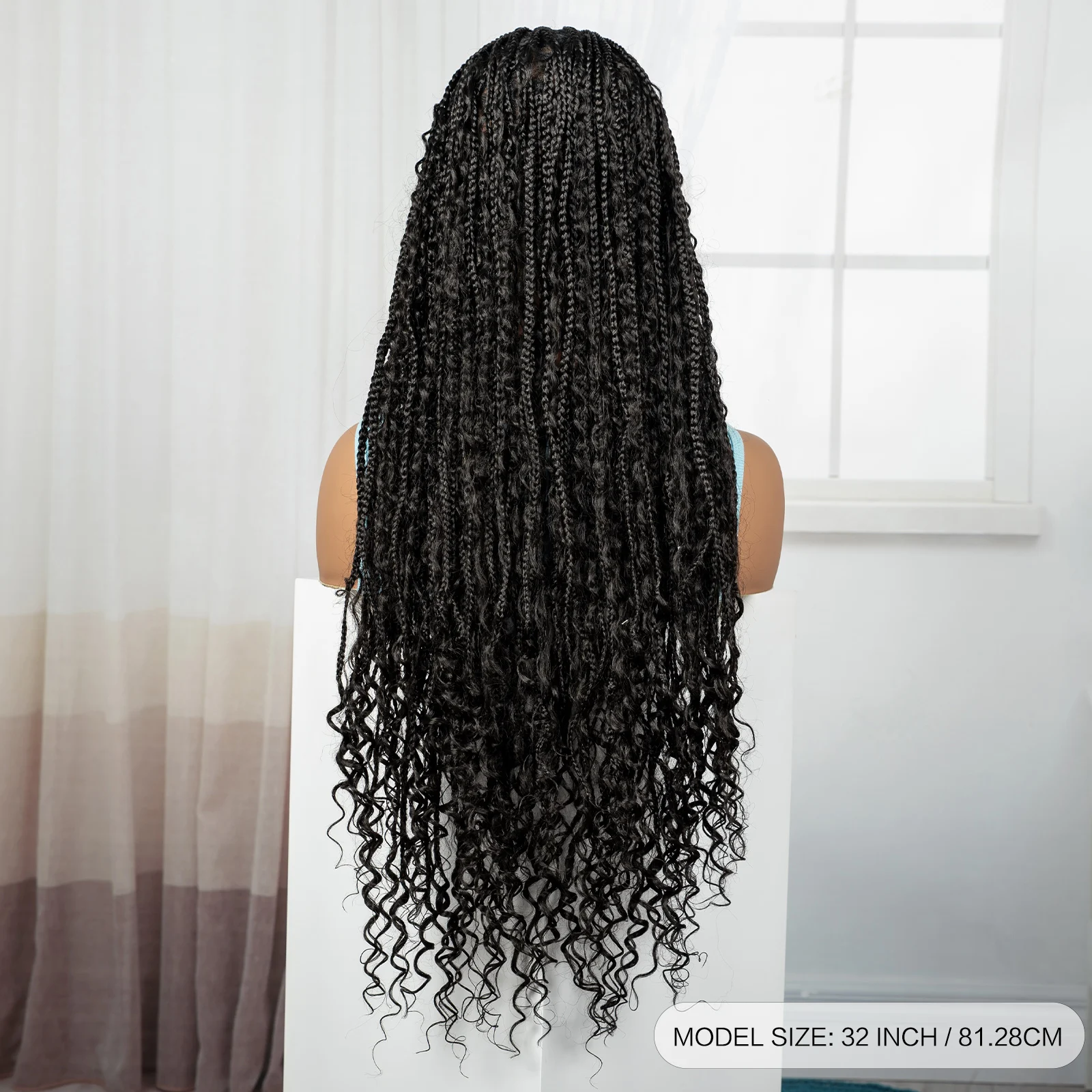 Perruques tressées synthétiques en boîte sans nœuds de 32 pouces, perruques tressées Boho en dentelle complète avec extrémités bouclées, perruque Lace Frontal tressée pour femmes