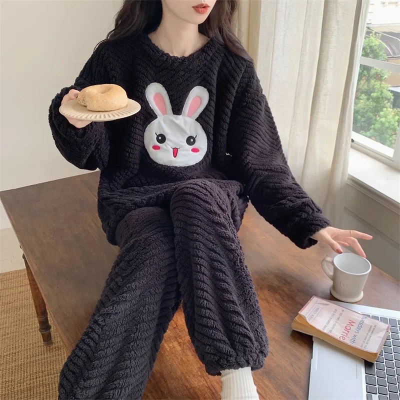 5XL Plus Size Thickened Warm Pajamas Women Winter Two Pieces Set Flannel Homewear O-Neck Loose Cartoon Rabbit Ladies Sleepwear