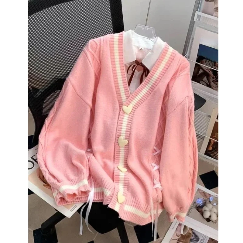 

New Sweet Bow Knitted Cardigans Y2k Aesthetic All Match Contrast Color Coats Fashion Single Breasted Kawaii JK Sweaters Jumper