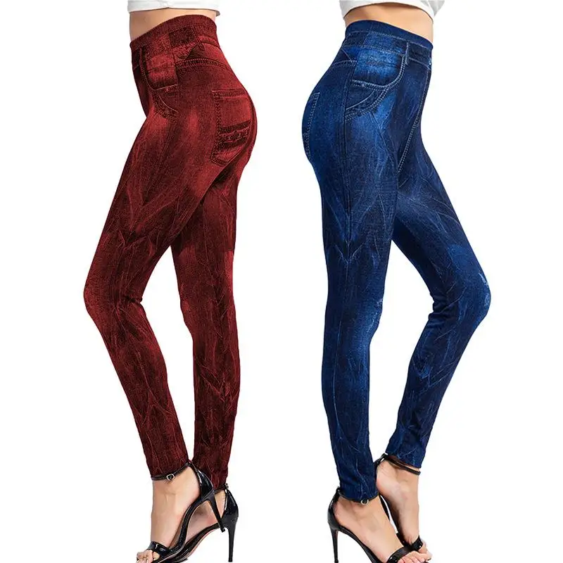 

Elastic Imitation Denim Leggings Cropped Pants Women's Slim Fit Bot Tummy Control High Waist Print Design Polyester Fiber