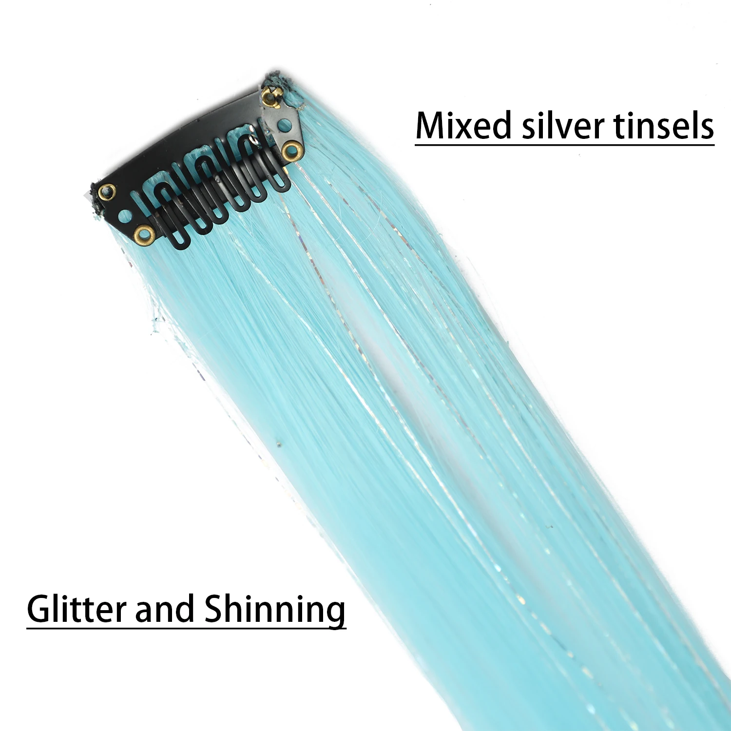 Sky Blue Hair Clip in Colored Extension Mixed Silver Tinsels Synthetic Rainbow Hairpiece Holiday Party Highlights for Women Girl