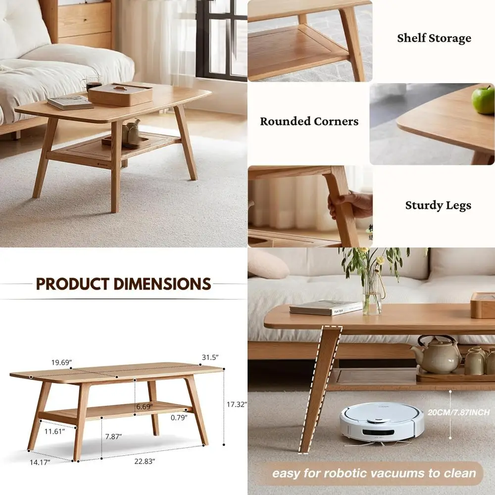 

Modern 2-Tier Oak Coffee Table with Storage Shelf for Living Rooms, Apartments, and Offices