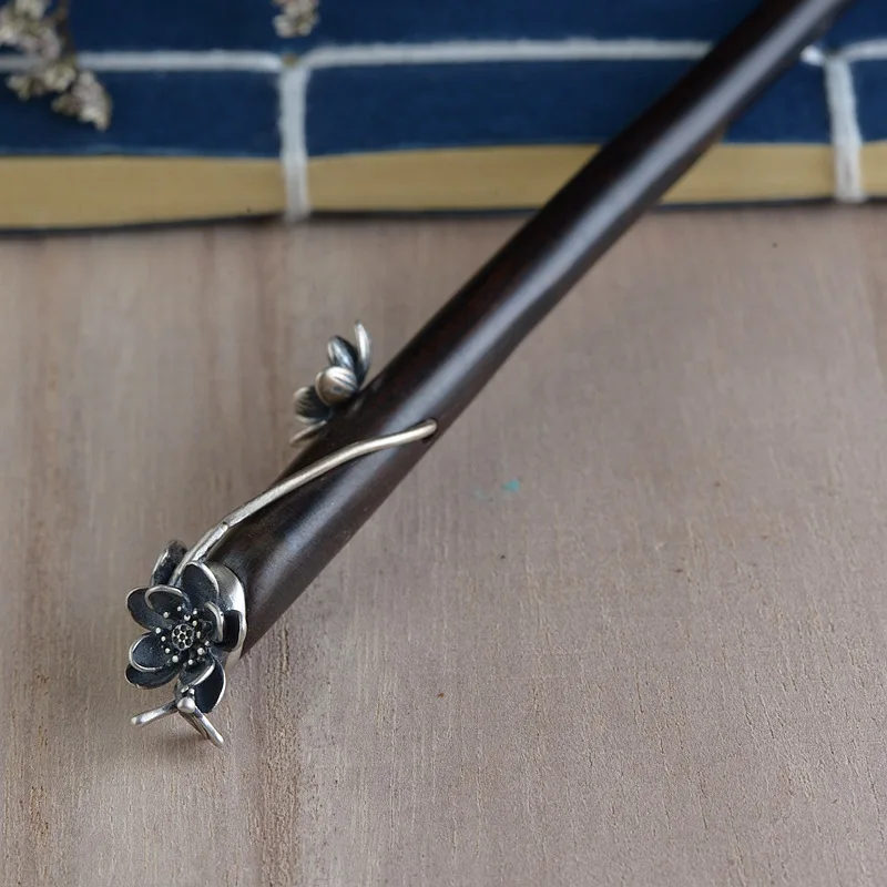 

Uglyless Natural Wooden Sandalwood China Chic Hair Sticks Women Thai Silver Lotus Flower Leaf Dragonfly Hairwear 925 Silver Fork