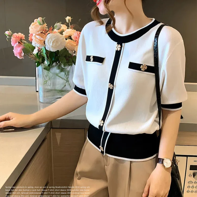 Short Sleeve Contrast Patchwork Tops Summer New O-neck All-match Elegant Temperament Loose Youth T Shirts Korean Women Cothing