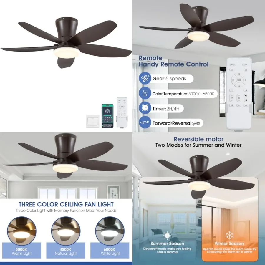 

Ceiling Fans with Light and Remote/APP Control, 5-Blade Reversible Motor Ceiling Fan, 3-Color Dimmable Lighting, Finish
