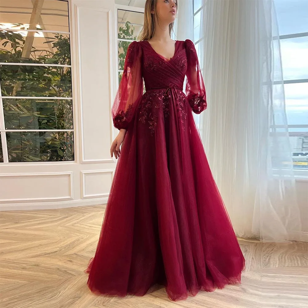 Sevintage Burgundy Lace Appliques Tulle Prom Dresses Puff Sleeves Pleat Ruched A-Line Saudi Arabic Women Party Evening Gowns