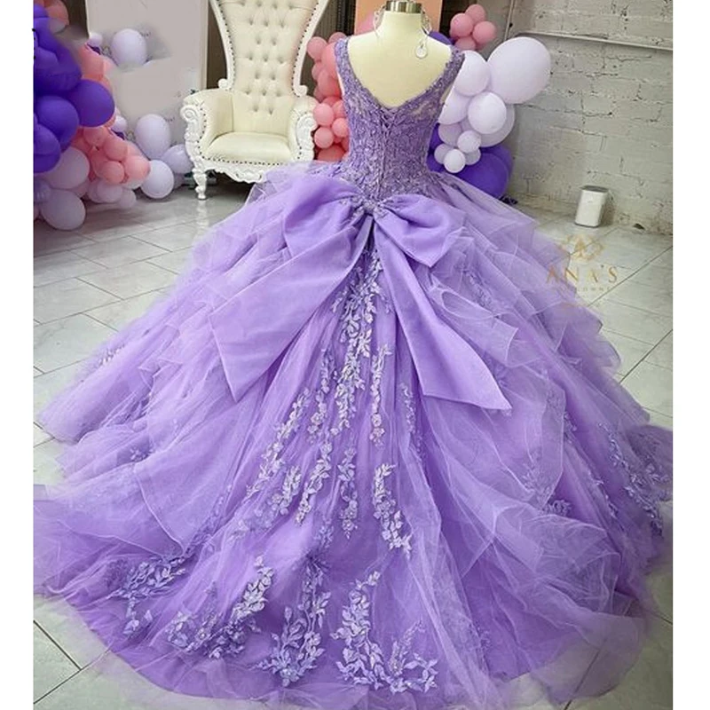 ANGELSBRIDEP Luxury Lilac Quinceanera Dresses Big Bow Back 3D Flowers Ruffles Vestidos De 15 Anos Birthday Princess Ball Gown