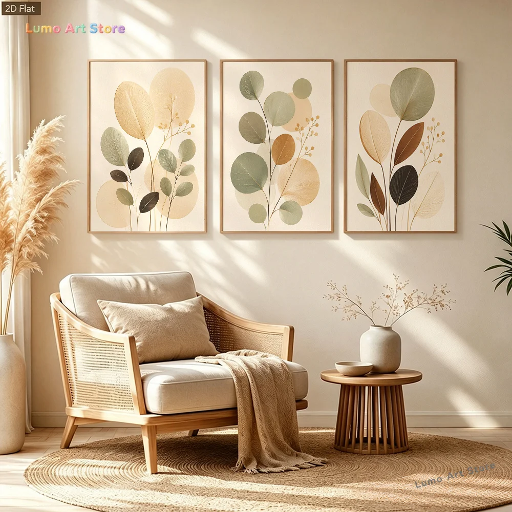 2D Flat, 2D/Flat 3pcs Minimalist Eucalyptus Leaf Light Luxury Wall Art, Morandi Color Scheme Canvas Print, Nordic Style Wall