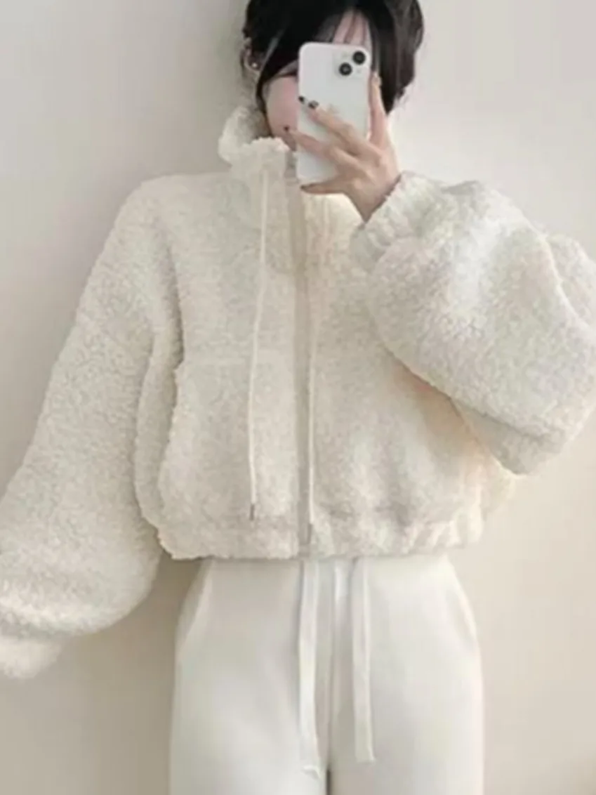 

Шикарная осенне-зимняя куртка из меха ягненка, женская свободная теплая теплая куртка с воротником-стойкой на молнии, корейская теплая повседневная одежда, верхняя одежда