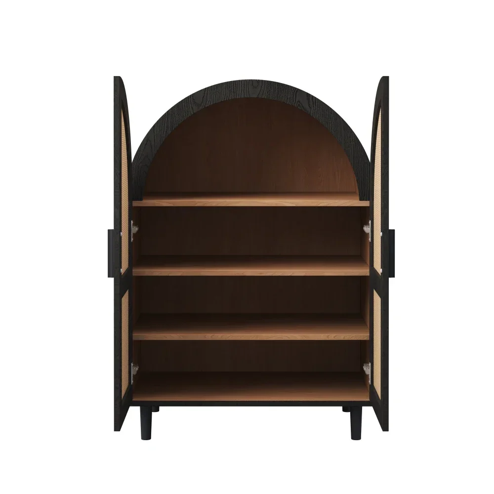 Elegantes Sideboard/Schuhschrank mit abgerundeten Außentüren, gebrochenen Rattan und drei Regalen. – Detail 10