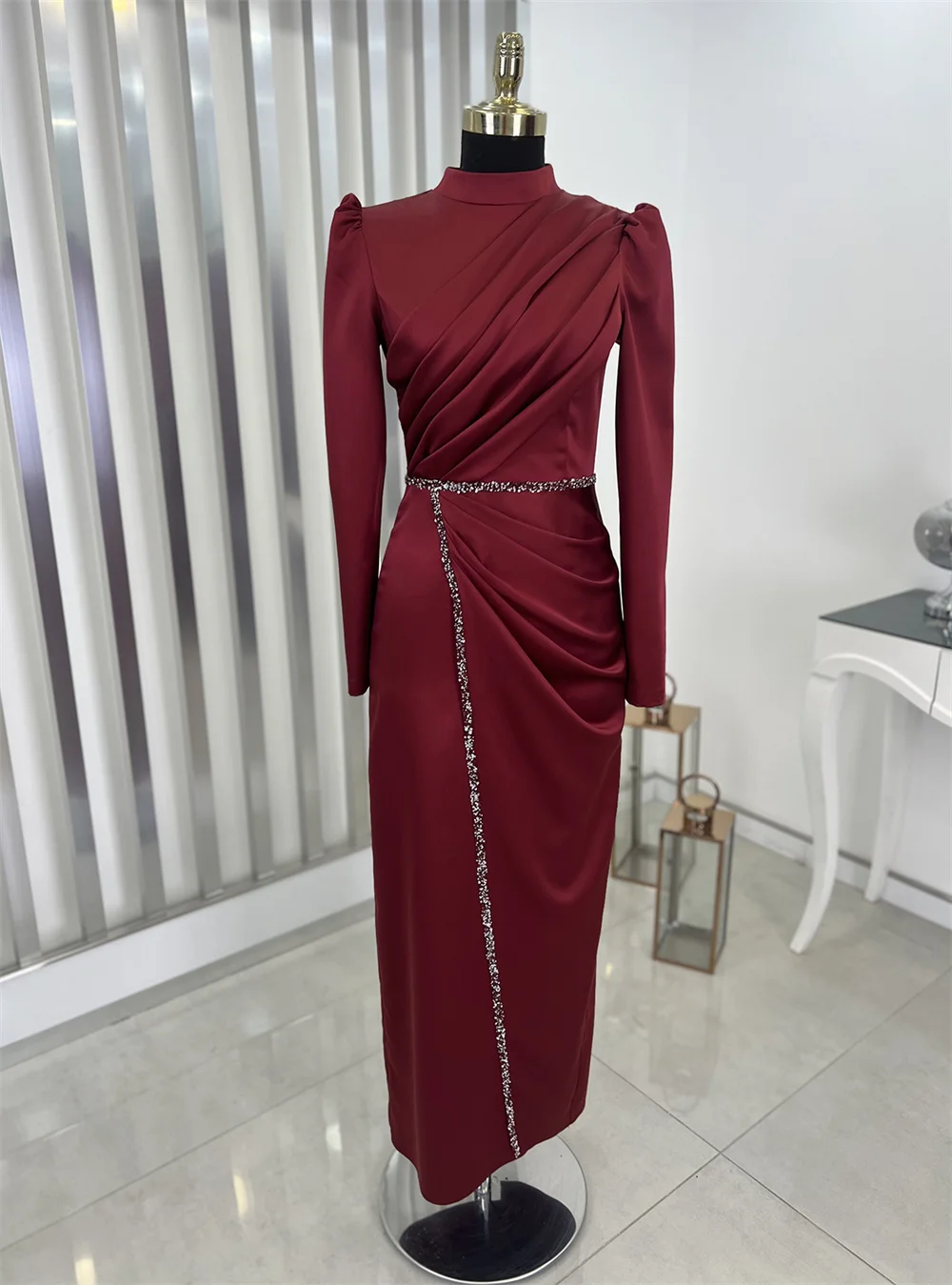 Amanda Muslim High Neck Prom Dress 2023 Elegant 3/4 Sleeve Evening Dress Burgundy Knee Lenght Party Dress فساتين مناسبة رسمية