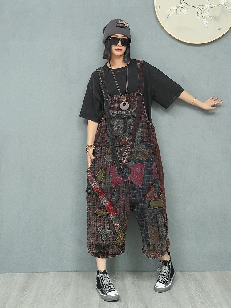 

Fashion Spring And Autumn Vintage Checkered Splicing Straight Strap Overalls Women's Loose Patchwork Pocket Straight Jumpsuit
