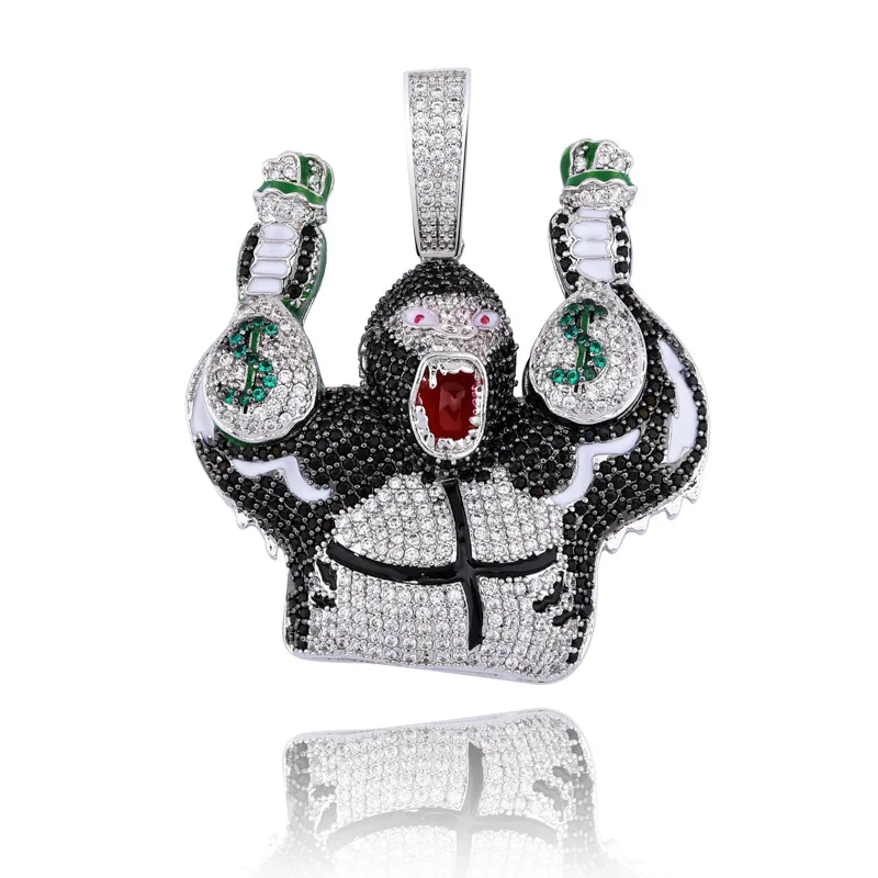 Hip Hop Micro Paved CZ Stone Bling Ice Out  Holding Dollars Money Bag Gorilla Pendants Necklace for Men Rapper Jewelry