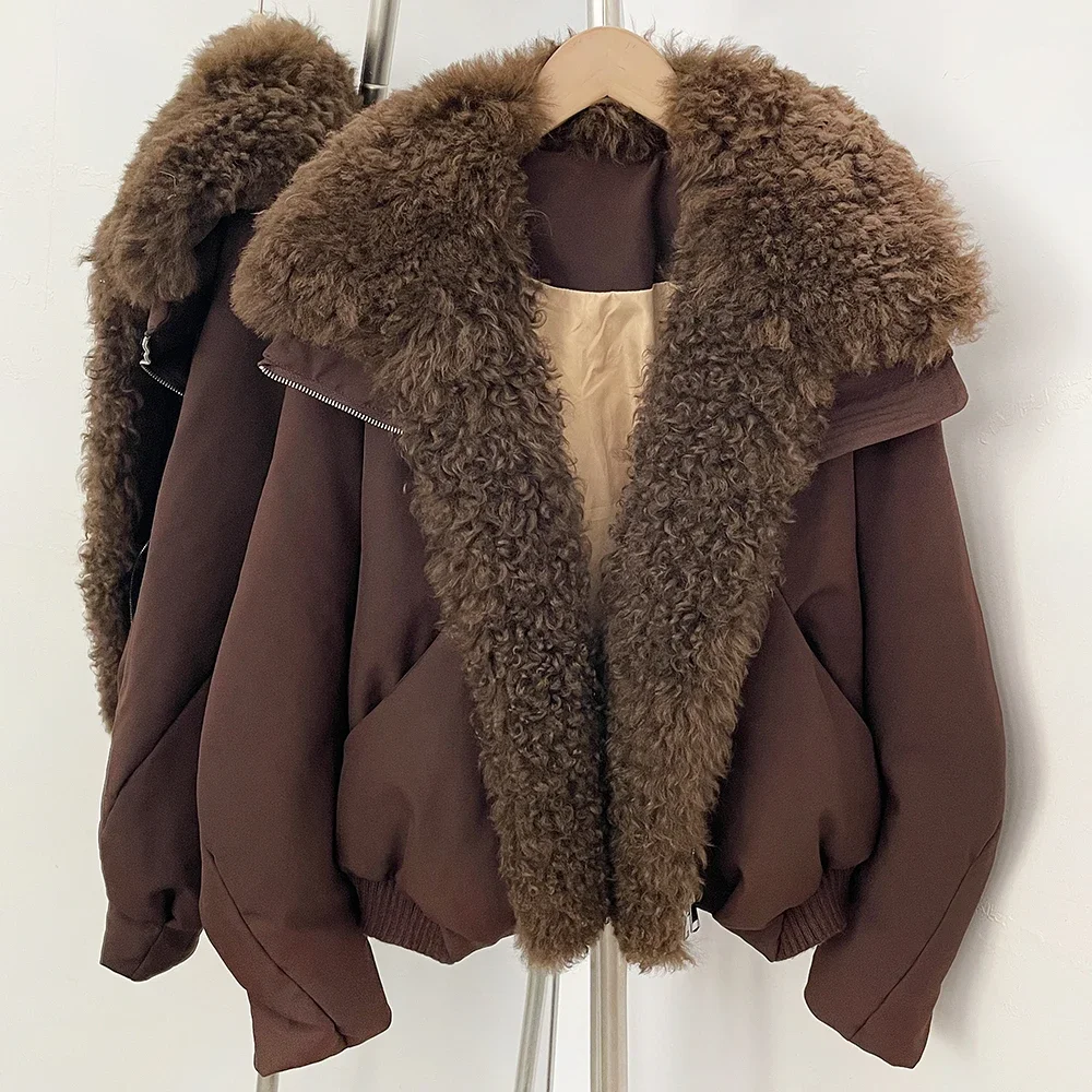OFTBUY Luxuriöse Kurze Echt-Lammfell-Pufferjacke mit Großem Naturpelzkragen, Weißer Daunenmantel für Damen, Neue Winterkleidung für Frauen – Detail 12