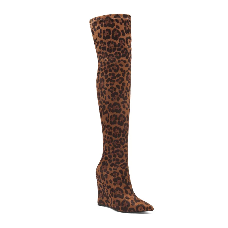 

Leopard Fuchsia Stretch Suede Wedge Long Boots Female Pointed Toe Zipper Side Woman High Thigh Boots Spring Long Knight Boots