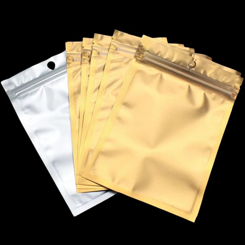 20-50Pcs/Lot Gold Aluminum Foil Ziplock Bags Reverse Silver Multisize Resealable Storage Bags for Gift Jewelry Packaging Display