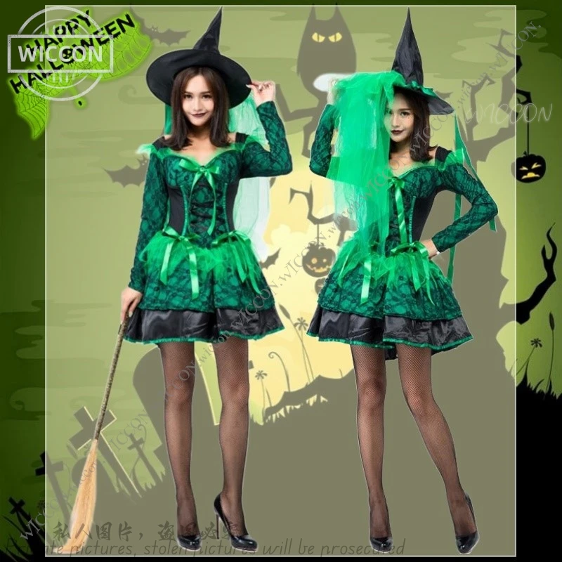 Halloween Lace Green Witch Puffy Skirt Costume Witch Costume Halloween Party Cosplay Costume Sorceress Carnival Disguise Magic