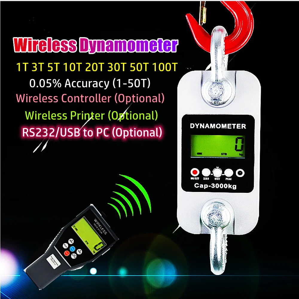 10T 30T 50T High Precision Digital Wireless Dynamometer Remote Control Crane Dynameter RS232 Printing Function Tension Meter