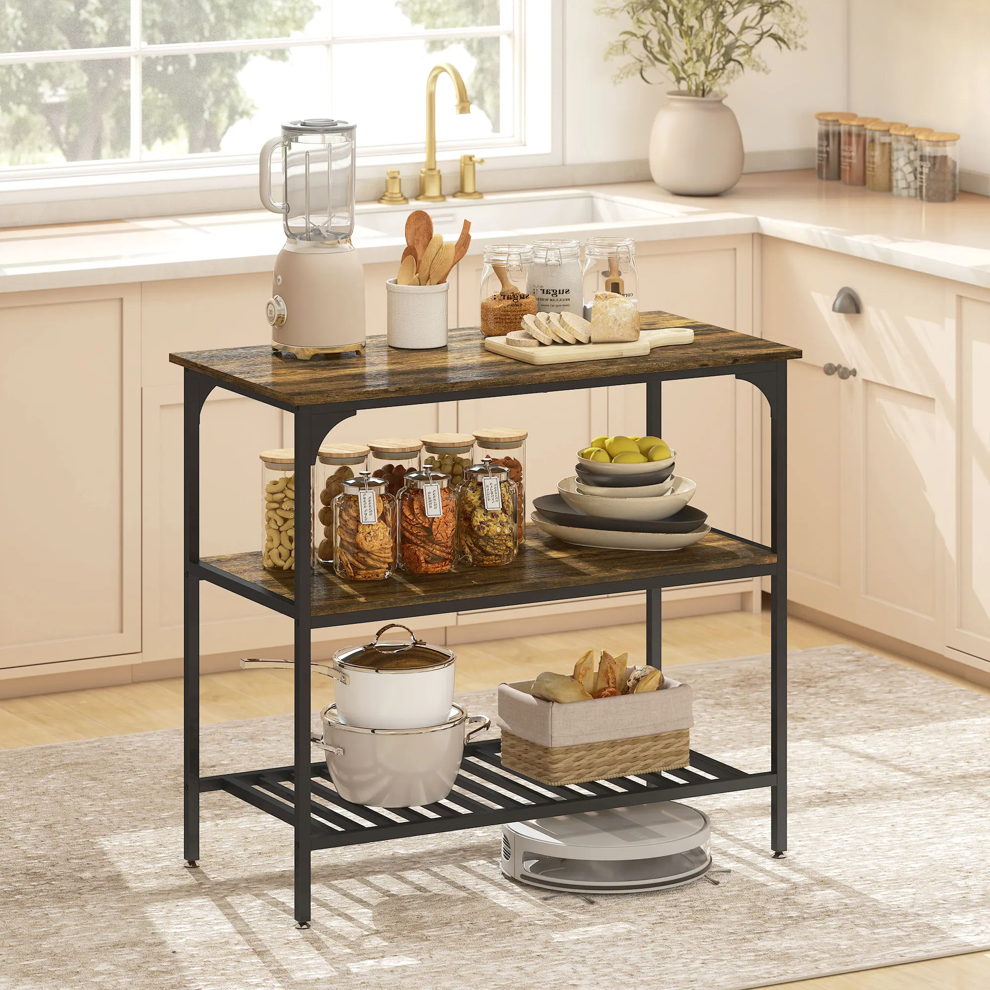 HOMCOM Küchenregal, 3-stufiges Standregal mit großer Arbeitsplatte, Industrielles Bäckerregal mit Stahlrahmen, für Esszimmer, Küche, Wohnzimmer, 100 x 50 x 90 cm, Rustikal-Braun+Schwarz
