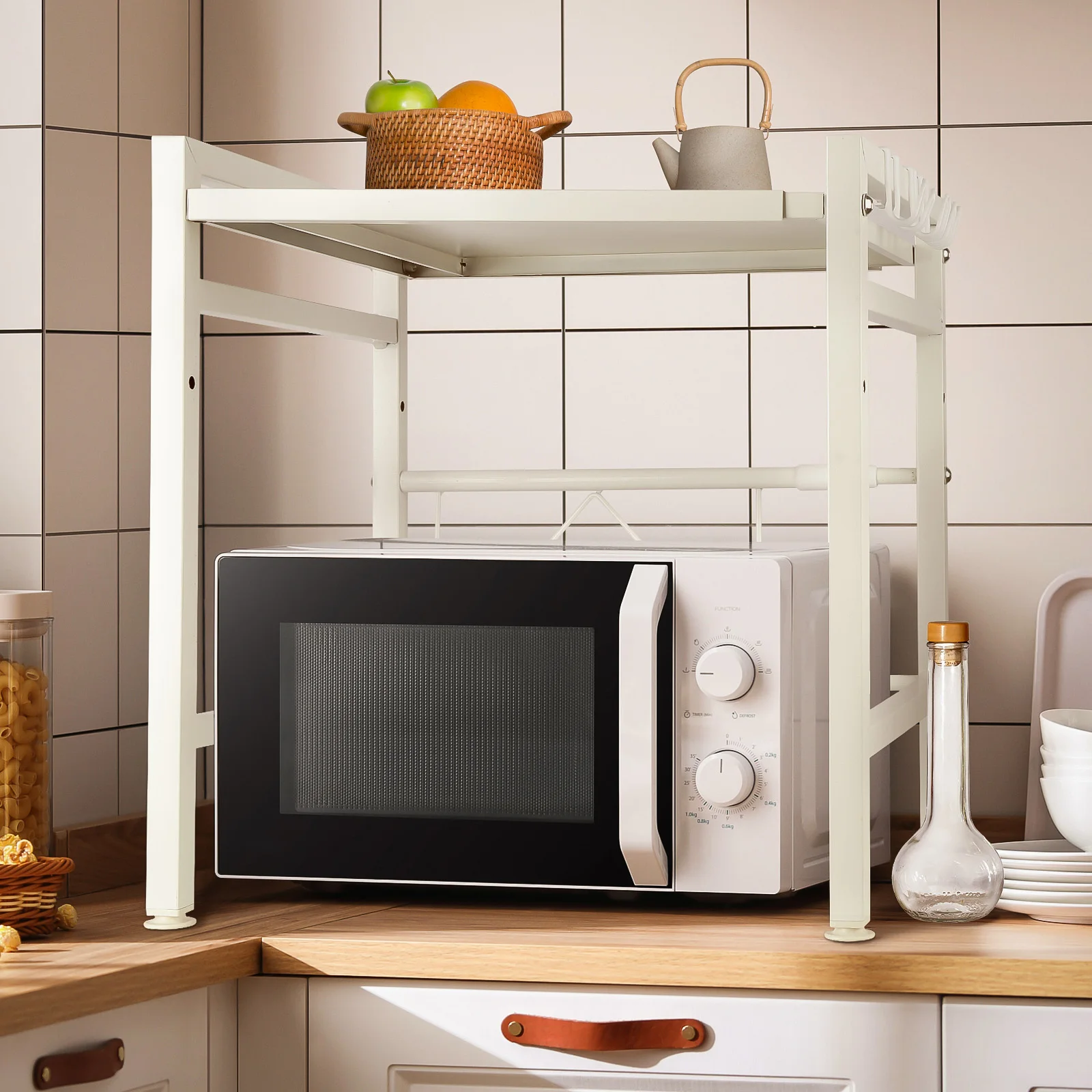 Estante Extensible para Horno de Microondas, con 6 Ganchos, Ideal para Almacenamiento en la Cocina, Color Negro
