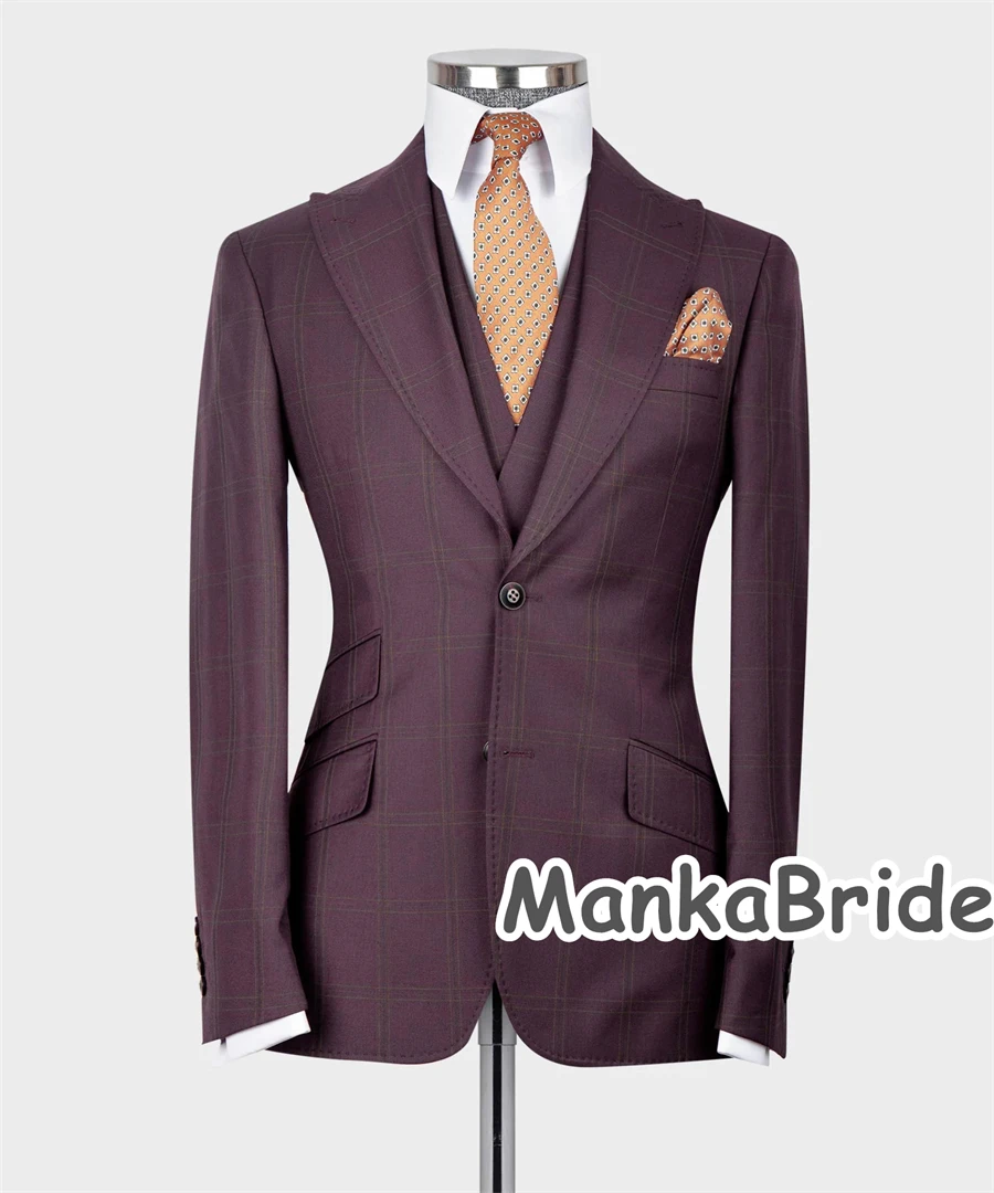 Smoking xadrez de casamento masculino, ternos formais do noivo, blazer slim fit, colete, calças, roupas de negócios, festa de formatura, terno masculino, clássico, 3 peças