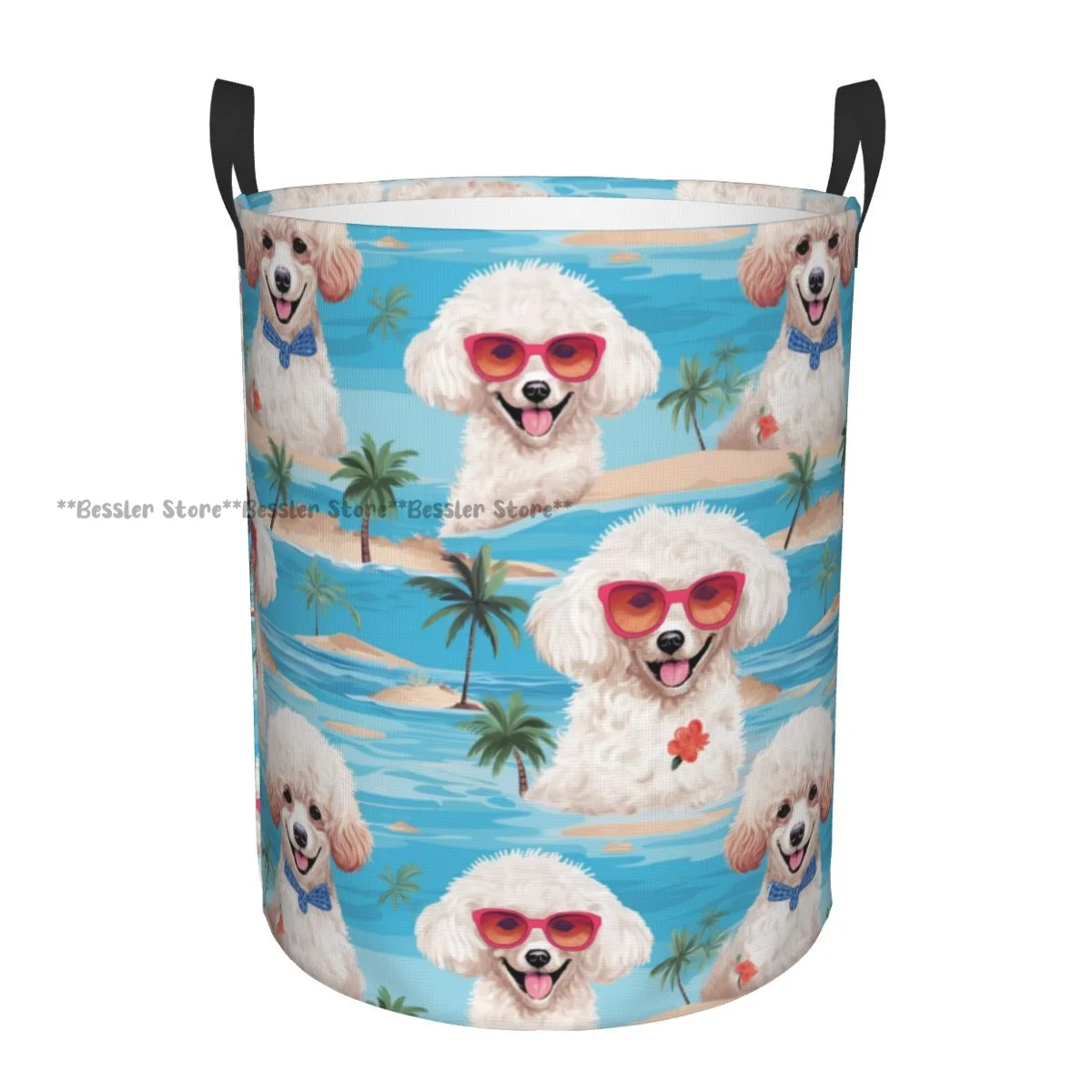 Foldable Laundry Basket for Dirty Clothes Poodle With Sungglasses And Palm Tree Storage Hamper