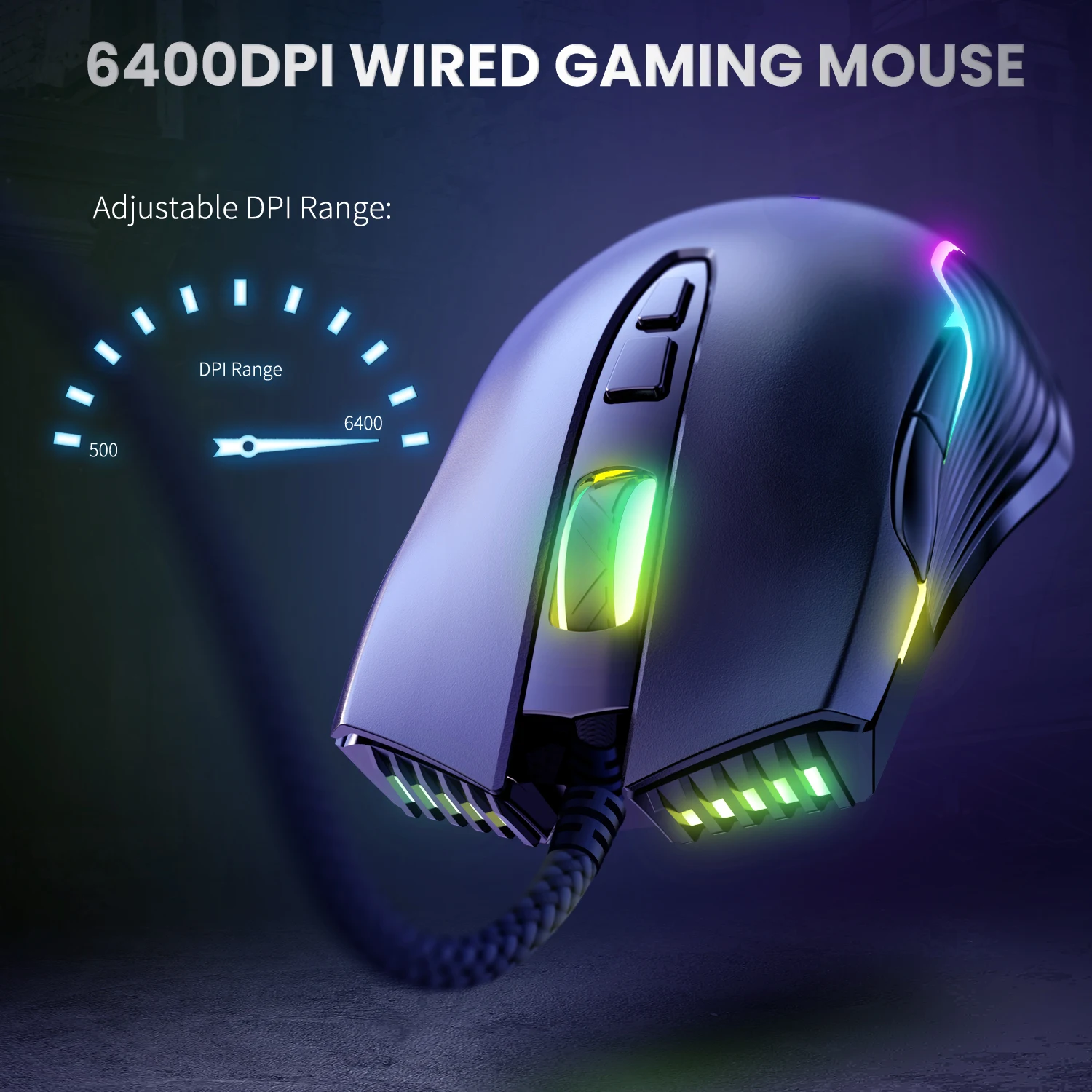 ONIKUMA CW905 Mouse da gioco cablato Livelli regolabili 6400 DPI Pulsanti programmabili Modalità di illuminazione RGB Mouse ergonomici per PC Gamer