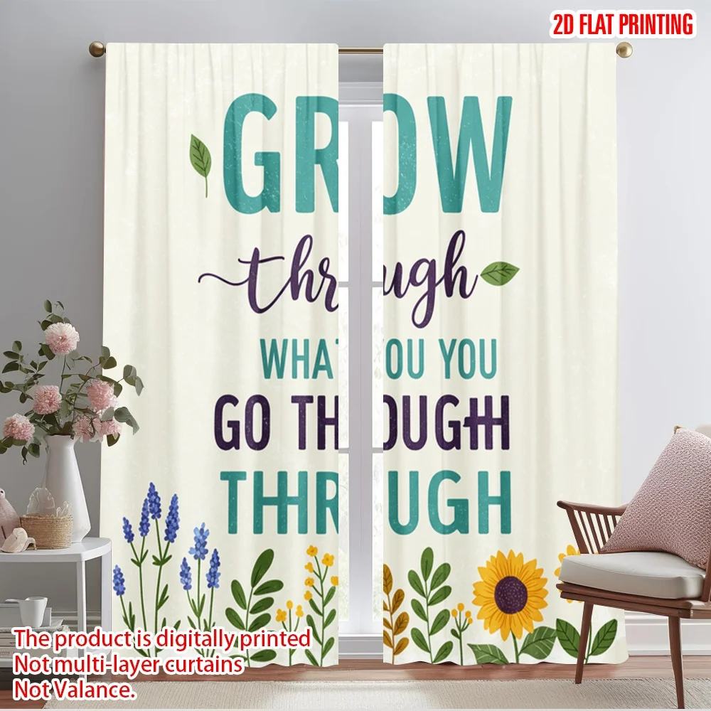 

2pcs 2D flat printing Drapes GROW THROUGH WHAT YOU GO THROUGH Fabric Without Electricity Festive Holiday Use for Bedroom Office
