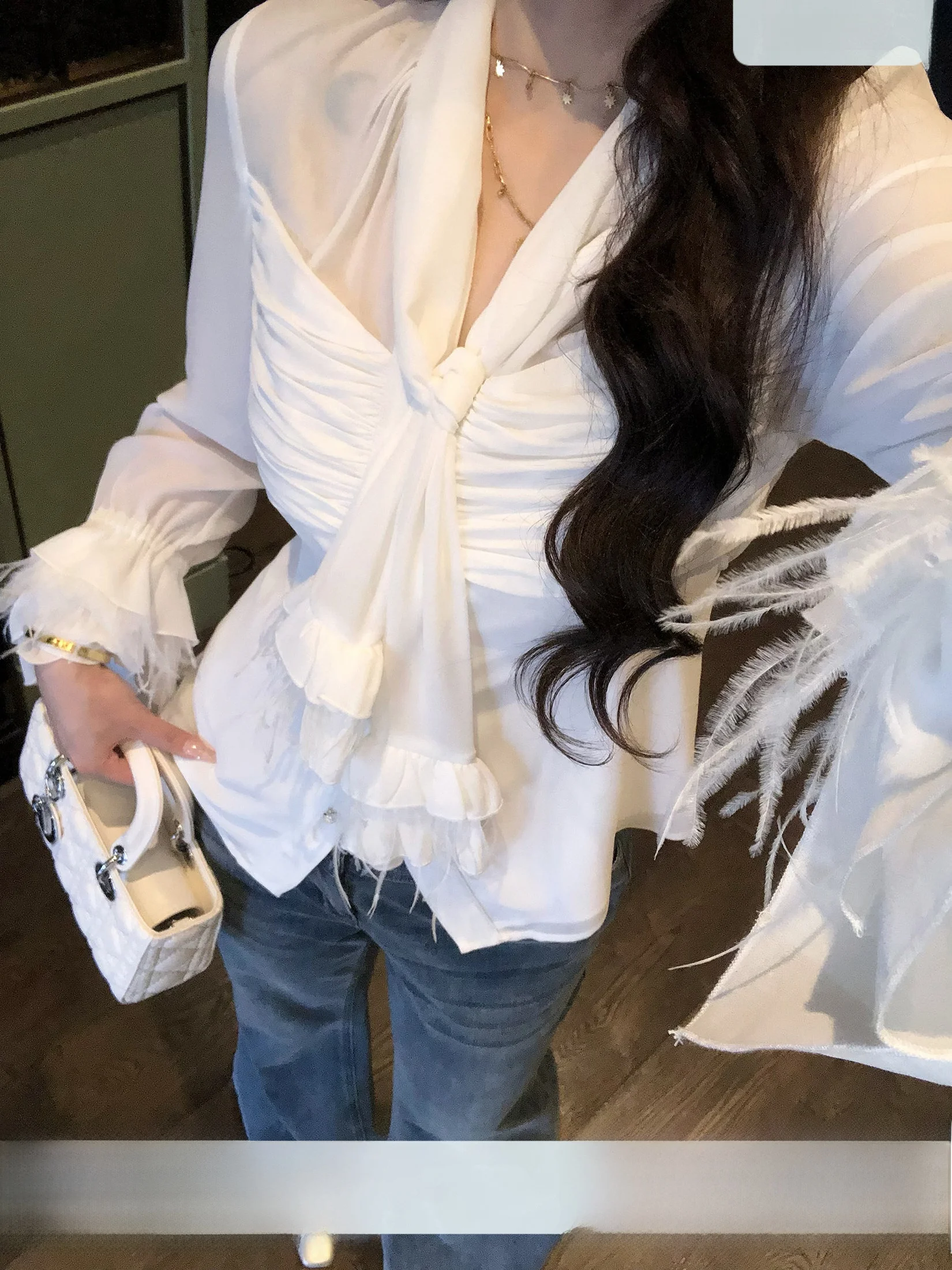 

Elegant White Feather Sleeve Shirt for Women Spring Casual Loose Fit Chiffon Blouse Knot plus Size Fashion Top