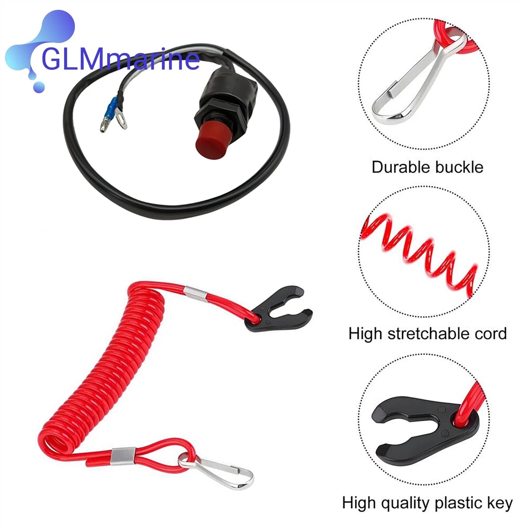 Kill Stop Switch and Safety Lanyard 66T-82575 for Yamaha 2-Stroke 6 8 9.9 15 25 30 40 HP Outboard 6E9-82575-09 6E9-82575-02