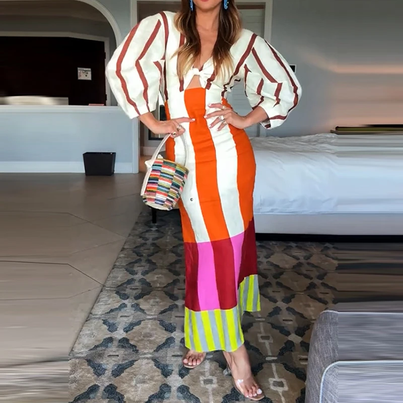 

Elegant V-neck Twisted Hollow Long Dress Women Fashion Pattern Print Slim Holiday Dress Sexy Side Split Half Sleeve Party Dress