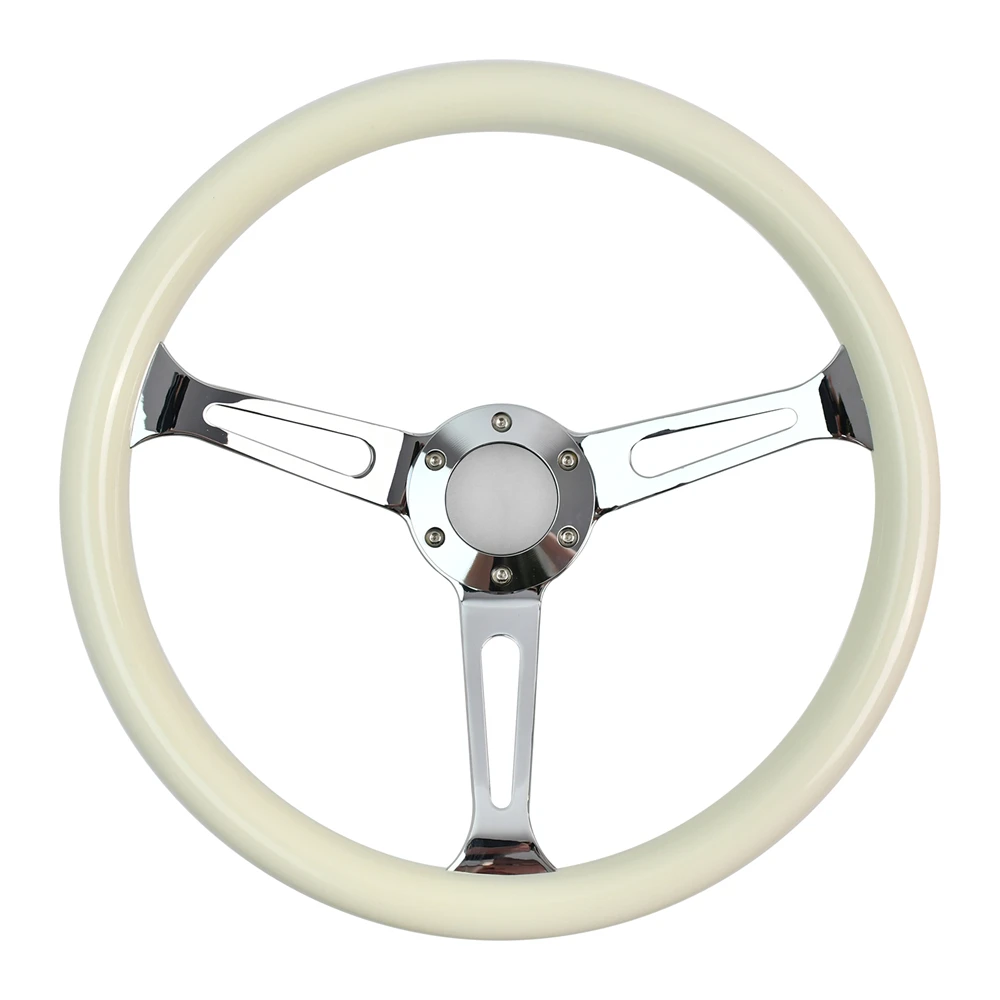 

Classic 370mm White Wooden Steering Wheel ABS Chrome Silver Spoked Universal Racing Sport Steering Wheel with Horn Button