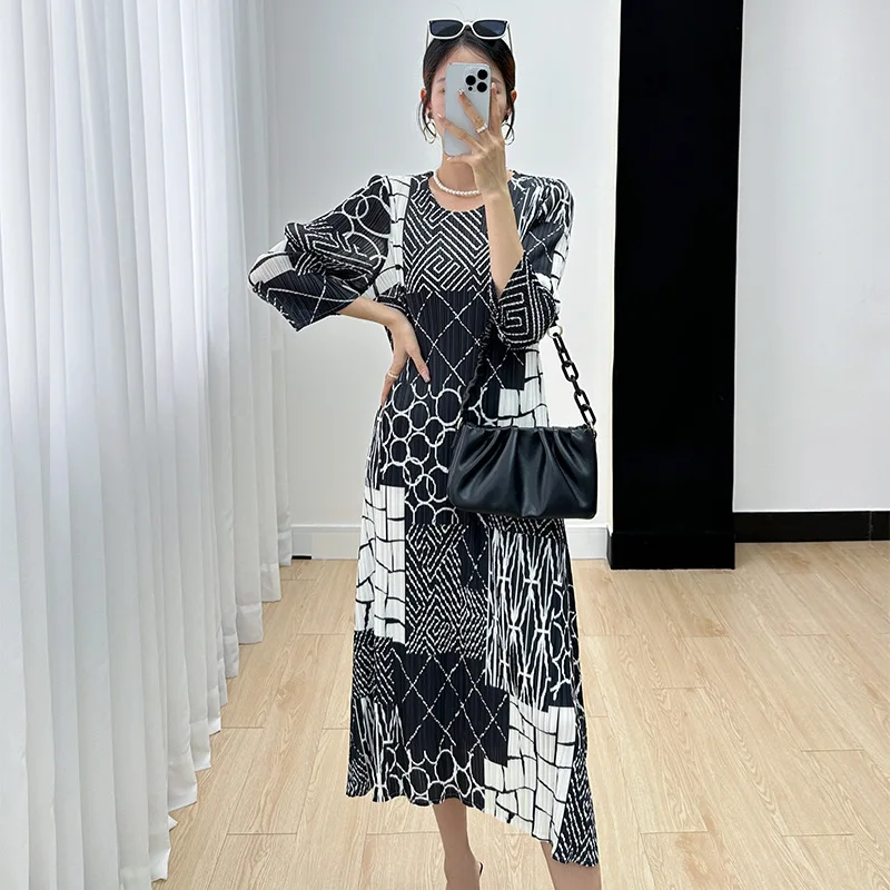 Miyake Dress for Women, Feminine, Creative Print, High-end Pleated Slim Midi Dresses, New Autumn Clothes, 2023