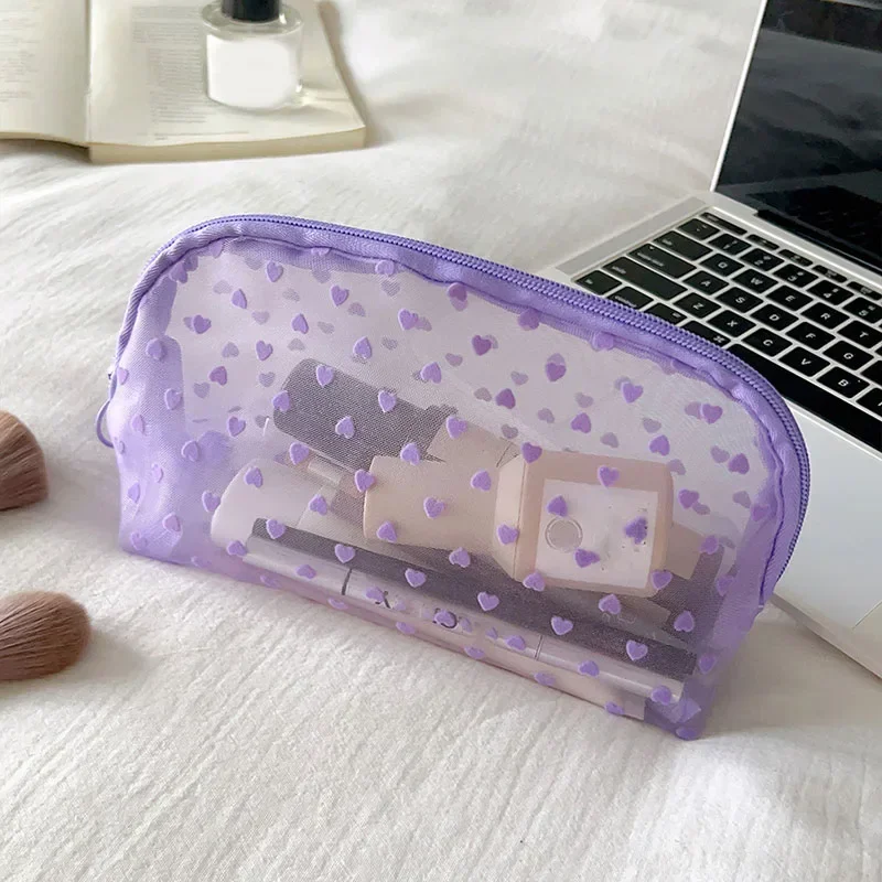 1PC Transparent Mesh Pencil Case Purple Colour Heart  Case Cosmetics Bag Stationery Organizer Pencil Bag Makeup Pouch for Women