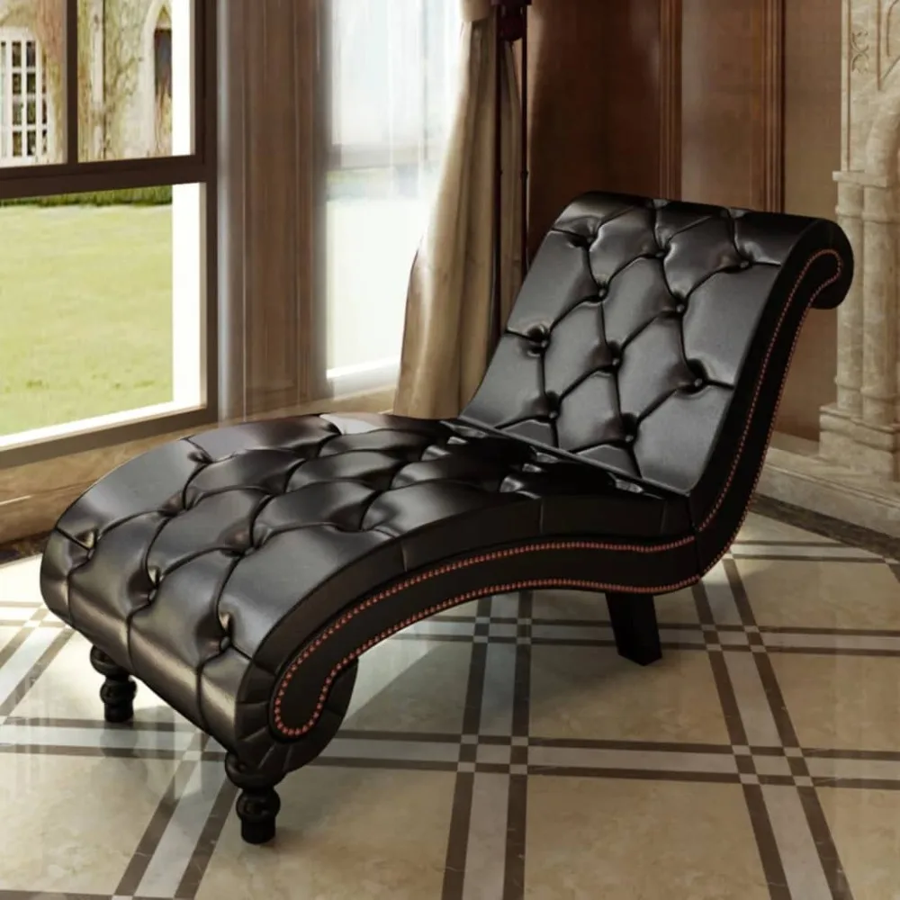 

Chaise Lounge in Brown Faux Leather, Ergonomic Scroll Design and Button-Tufted Detailing with Durable Wooden Frame, Customized