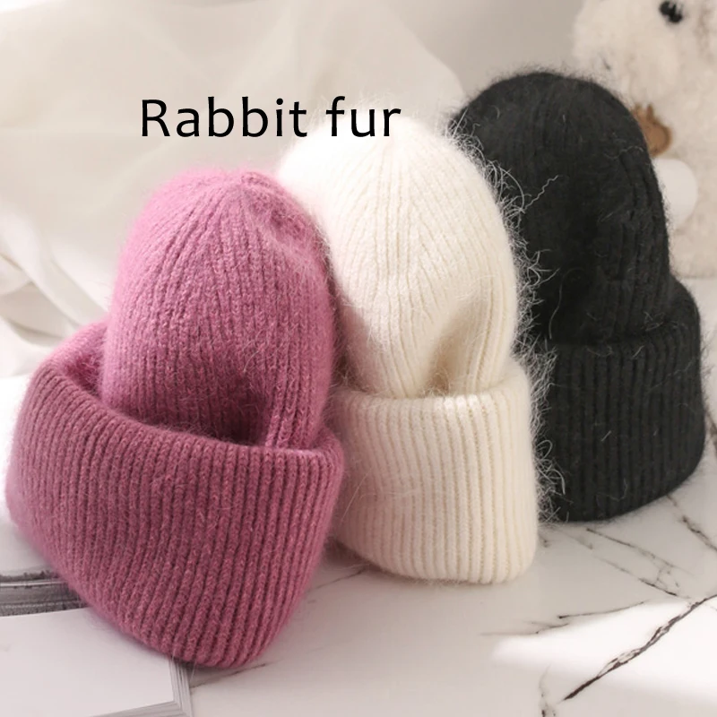 New Fashion White Rabbit Fur Beanies Hat Women\'s Winter Soft Warm Knitted Hat Lady Korean High Quality Thicked Skullies Caps