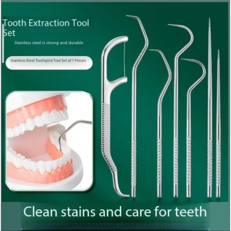Dental Tooth Cleaning Kit Portable Floss Pick Reusable Metal Toothpicks 1Set Dental Stainless Steel Toothpicks Pocket Set