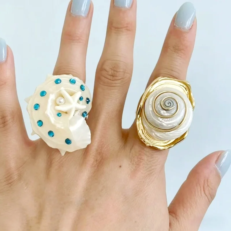 Sweet Ocean Style Shell Open Ring Gold Plated Alloy Starfish Pearl Crystal For Women Daily Wear